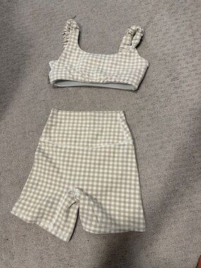 Gingham Ruched Strap Crop Top & High-Waist Bike Shorts Set - Beige White